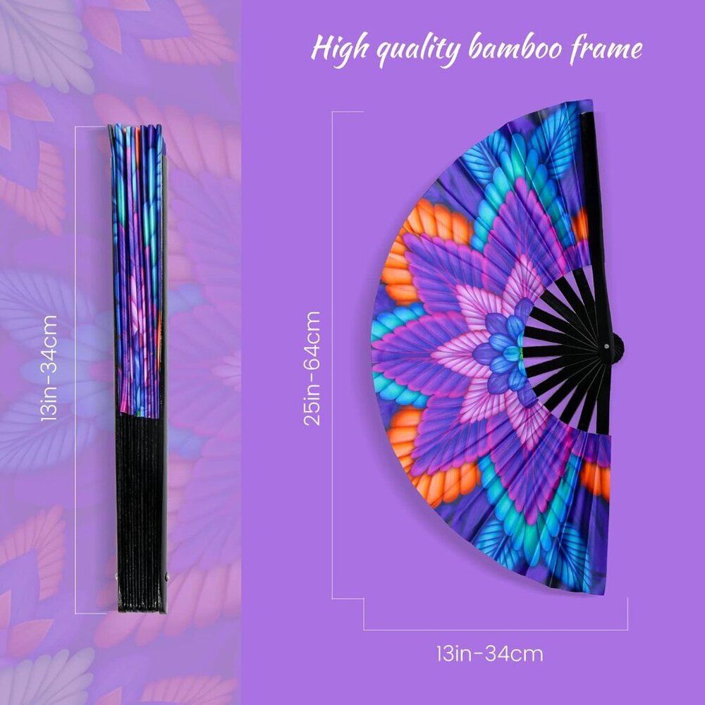 Folding Hand Fan for Rave, UV Glow Fan, Large Bamboo Fan for Drag Queen, Women a - Picture 2 of 8